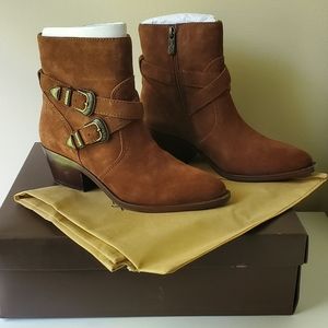 Patricia Nash Brown Leather Western Ankle Boots Buckle Strap Block Heel